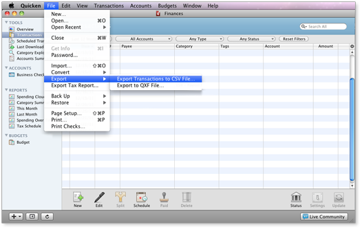 Mac Quicken Screenshot for Exporting File to CPA